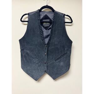 LEARSI 100% Genuine Suede Leather Snap Front Vest Whipstitch Detail, Sz S